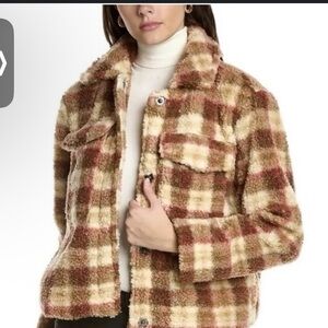 Avec Les Filles Checkered Teddy Jacket in Brown and Cream